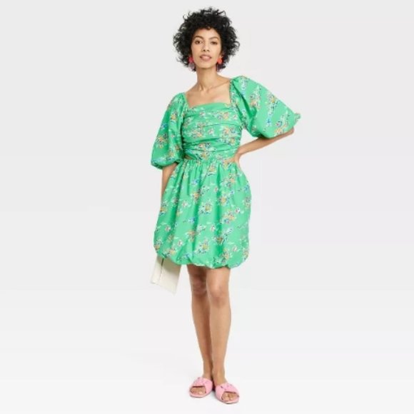 Women's Puff Short Sleeve Cut Out Bubble A-Line Dress - A New Day™Green Floral 3 - Picture 3 of 6